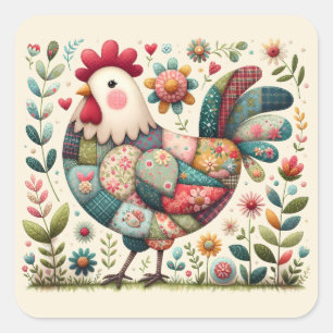 Folk Patchwork Rooster with Floral Accents Square Sticker