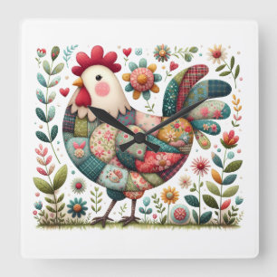 Folk Patchwork Rooster with Floral Accents Square Wall Clock