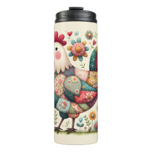 Folk Patchwork Rooster with Floral Accents Thermal Tumbler