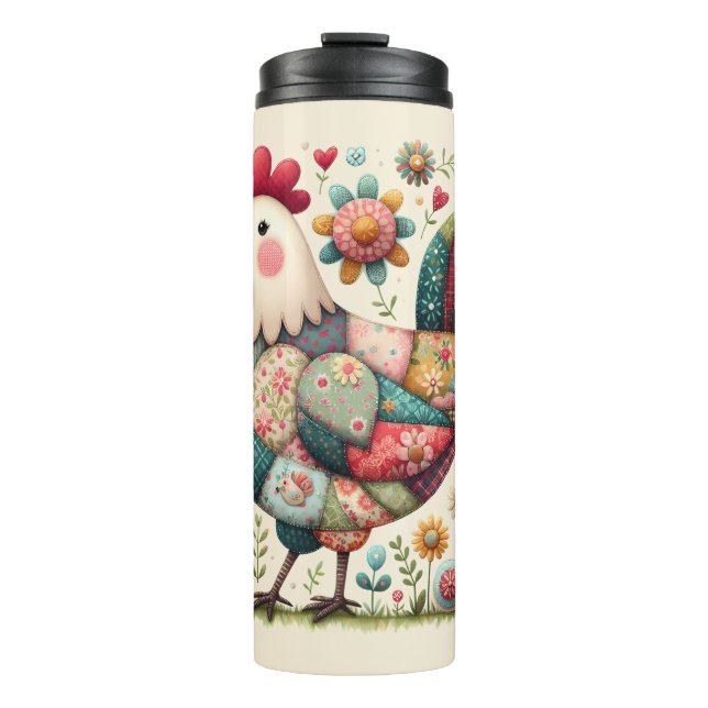 Folk Patchwork Rooster with Floral Accents Thermal Tumbler (Front)