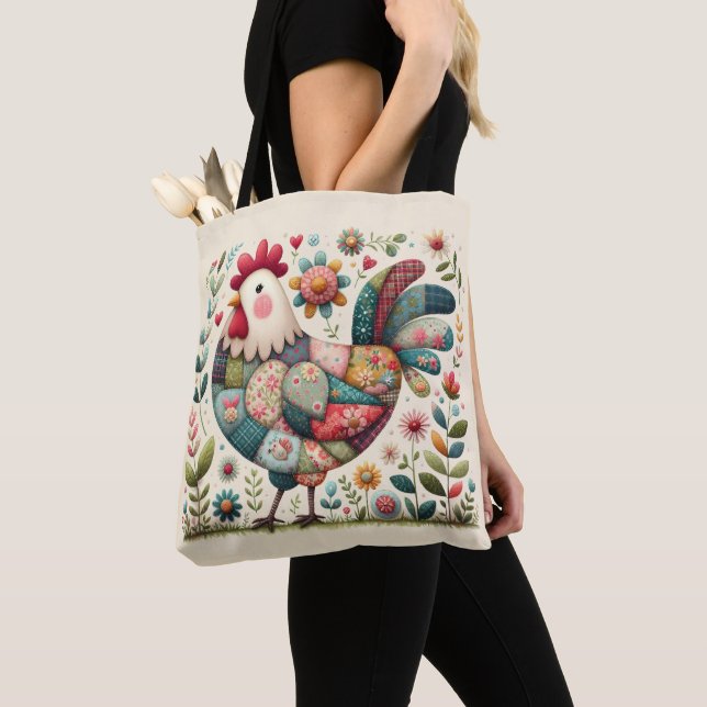 Folk Patchwork Rooster with Floral Accents Tote Bag (Close Up)