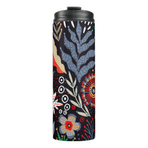Folk pattern, seamless textile design with bright thermal tumbler