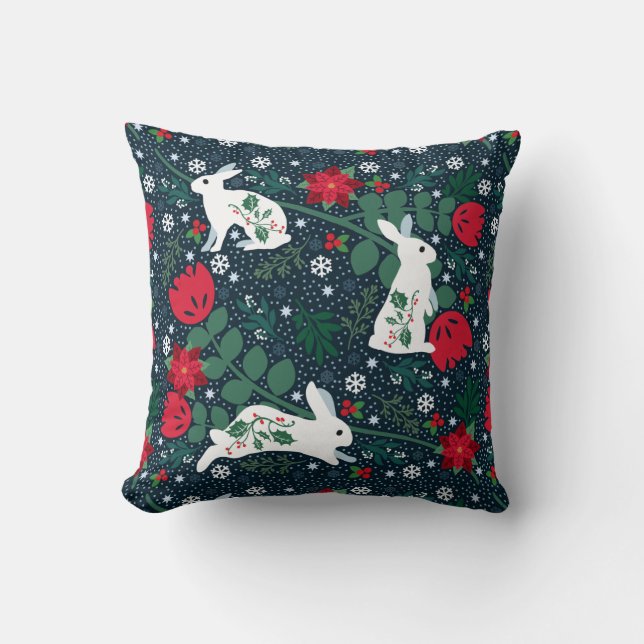 Folk Rabbit Christmas Holiday Cushion (Front)