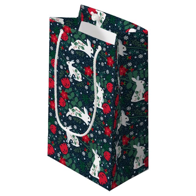 Folk Rabbit Christmas Holiday Small Gift Bag (Front Angled)