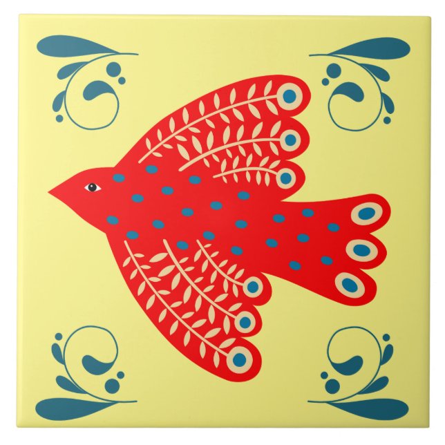 folk red bird on the yellow background Right Tile (Front)