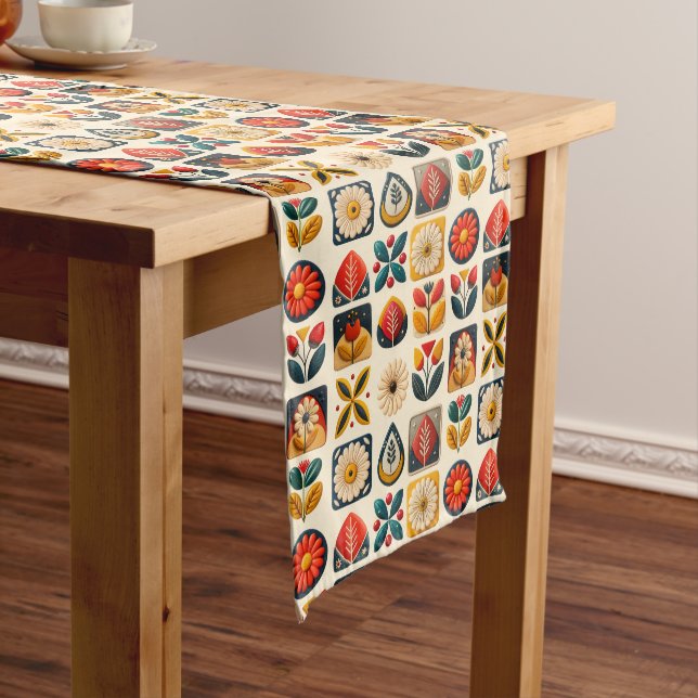 Folk Retro Floral Mosaic Pattern Medium Table Runner (In Situ)