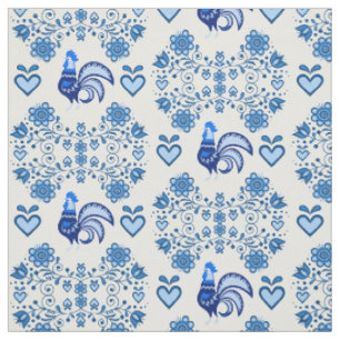 Folk Rooster/Cockerel /blue floral, hearts 4" Fabric