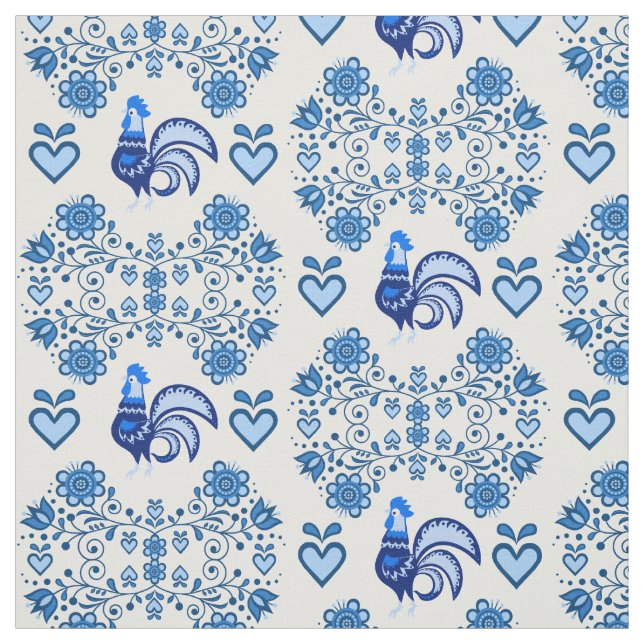Folk Rooster/Cockerel /blue floral, hearts 4" Fabric (Swatch)