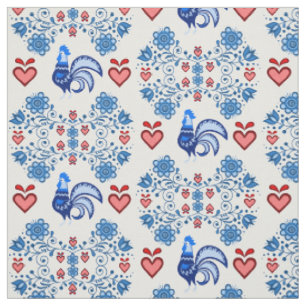 Folk Rooster/Cockerel /blue/red floral, hearts 4" Fabric
