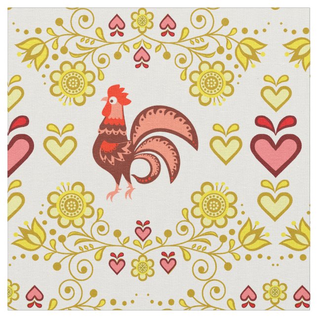 Folk Rooster/Cockerel gold/floral, hearts/4" Fabric (Close Up)