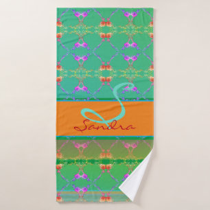 Folk Rose Hearts Monogram Apricot Teal  Bath Towel Set