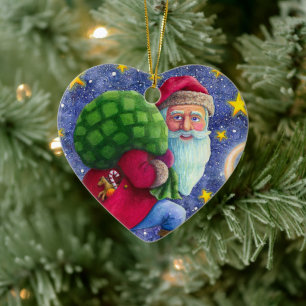 FOLK ST. NICK TIPTOES ON ROOFTOPS WITH BAG OF TOYS CERAMIC TREE DECORATION