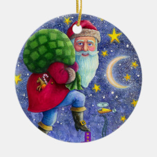 FOLK ST. NICK TIPTOES ON ROOFTOPS WITH BAG OF TOYS CERAMIC TREE DECORATION