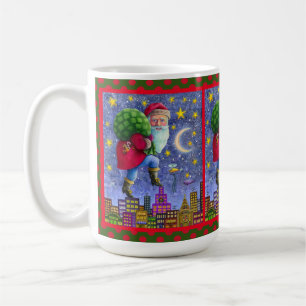 FOLK ST. NICK TIPTOES ON ROOFTOPS WITH BAG OF TOYS COFFEE MUG
