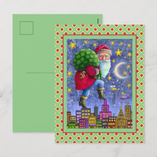 FOLK ST. NICK TIPTOES ON ROOFTOPS WITH BAG OF TOYS HOLIDAY POSTCARD