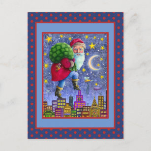 FOLK ST. NICK TIPTOES ON ROOFTOPS WITH BAG OF TOYS HOLIDAY POSTCARD