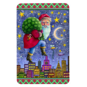 FOLK ST. NICK TIPTOES ON ROOFTOPS WITH BAG OF TOYS MAGNET