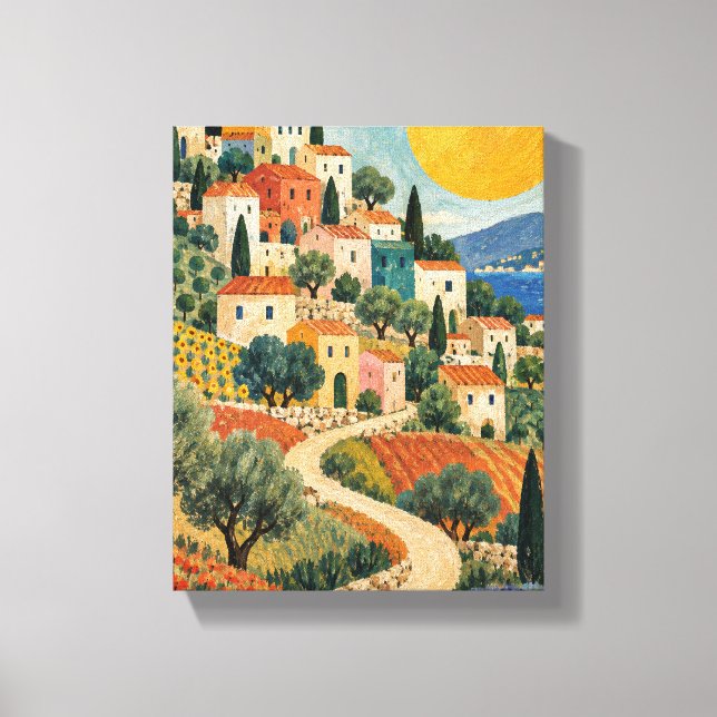 Folk Sun over a Patchwork Village Canvas Print (Front)