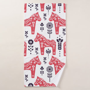 Folk swedish horse floral seamless pattern. bath towel