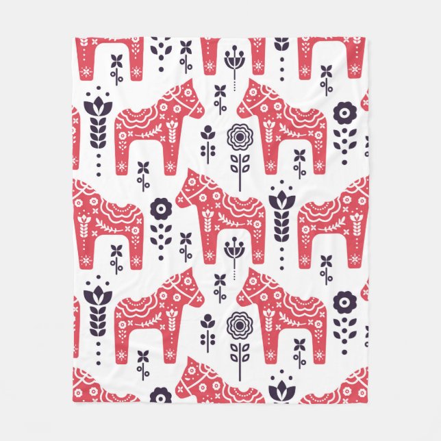 Folk swedish horse floral seamless pattern.  fleece blanket (Front)