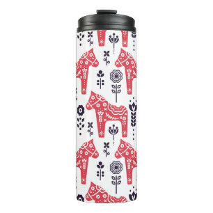 Folk swedish horse floral seamless pattern. thermal tumbler