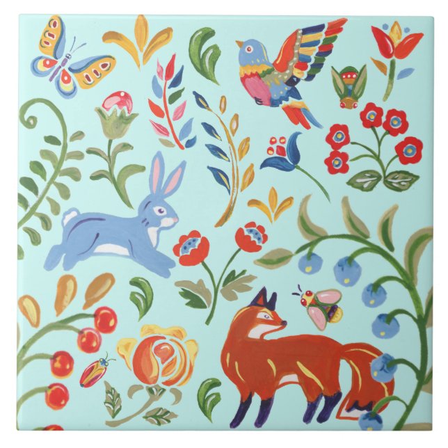 Folk Teal Blue Animal Woodland Floral Fox Rabbit Tile (Front)