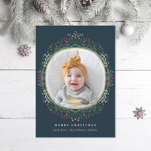 Folk Wildflower Wreath Photo Holiday Card