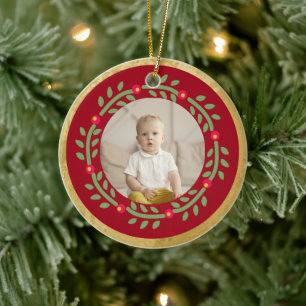 Folk Wreath Photo Christmas Ceramic Tree Decoration