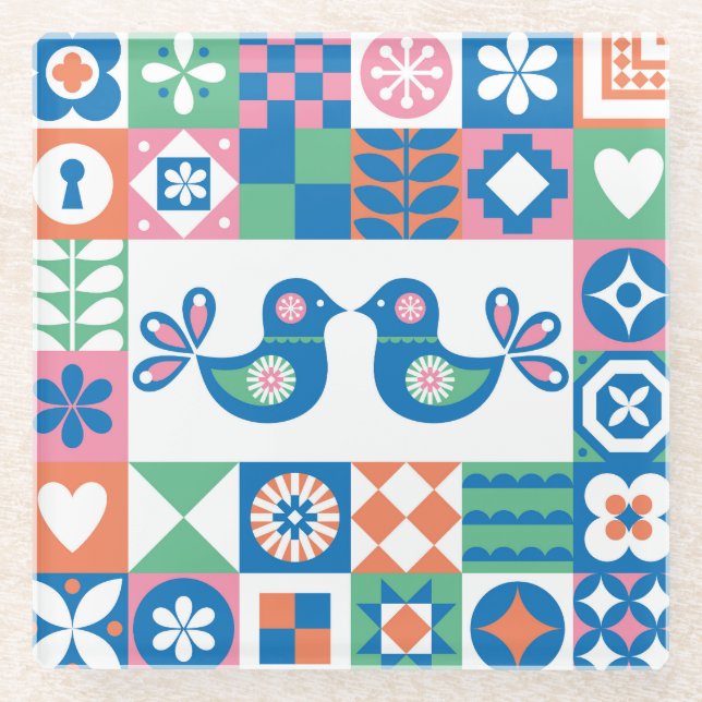 Folklore Floral Card: Scandinavian Design. Glass Coaster (Front)