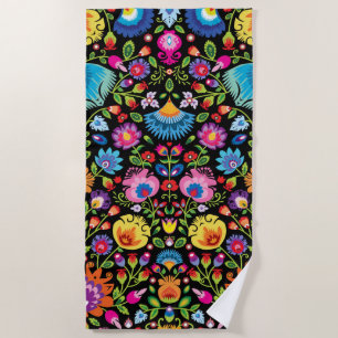 Folklore flowers Wycinanki black Beach Towel