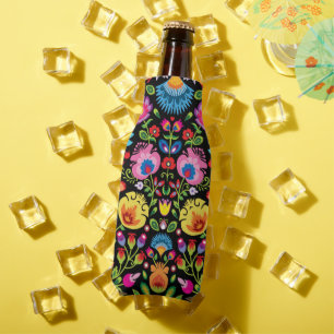 Folklore flowers Wycinanki black  Bottle Cooler