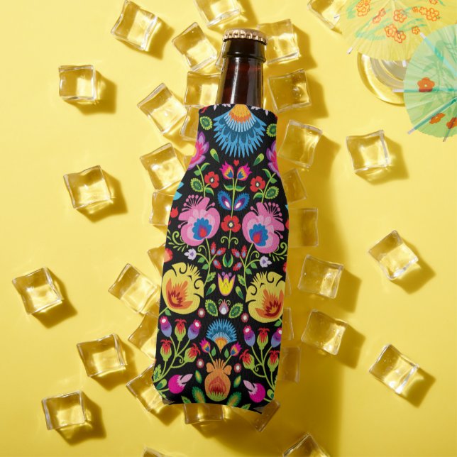 Folklore flowers Wycinanki black  Bottle Cooler (In Situ Summer)