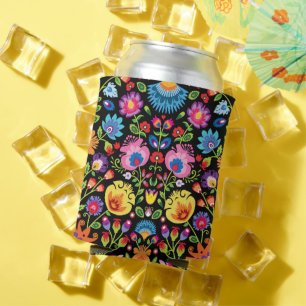 Folklore flowers Wycinanki black Can Cooler
