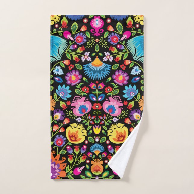 Folklore flowers Wycinanki black  Hand Towel (Hand Towel)