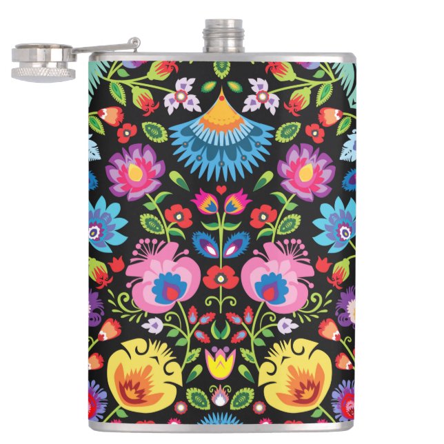 Folklore flowers Wycinanki black  Hip Flask (Opened)
