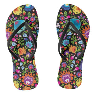 Folklore flowers Wycinanki black Jandals