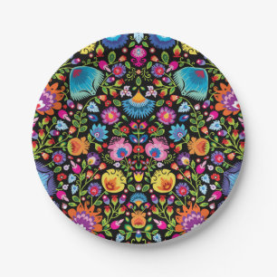 Folklore flowers Wycinanki black Paper Plate
