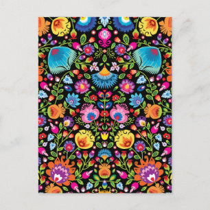 Folklore flowers Wycinanki black Postcard