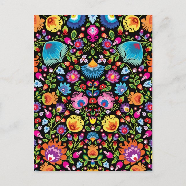 Folklore flowers Wycinanki black  Postcard (Front)