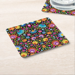 Folklore flowers Wycinanki black Square Paper Coaster