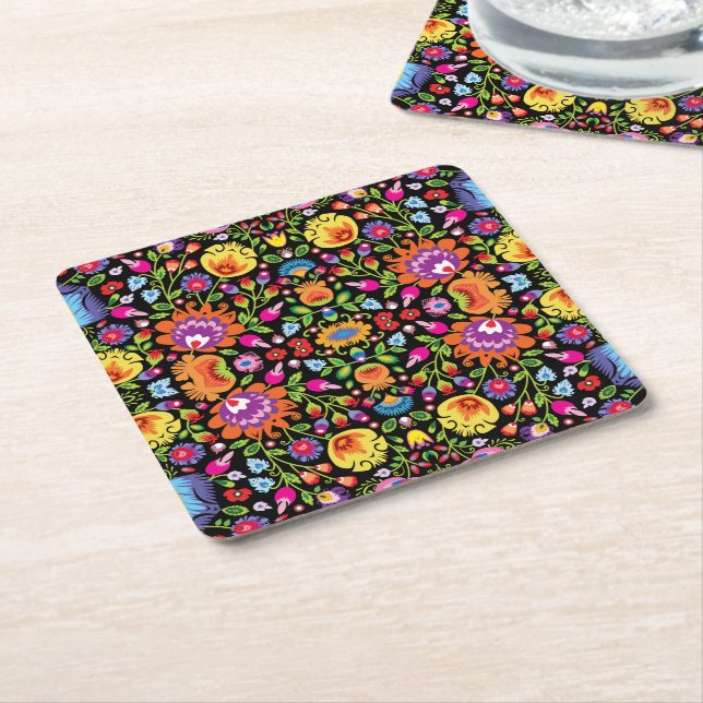 Folklore flowers Wycinanki black Square Paper Coaster (Angled)