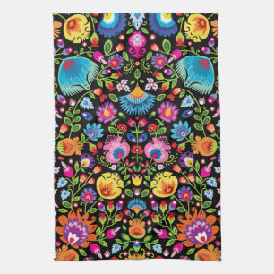 Folklore flowers Wycinanki black  Tea Towel