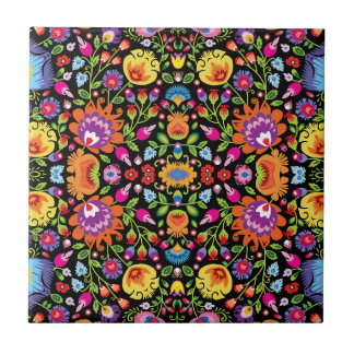 Folklore flowers Wycinanki black Tile