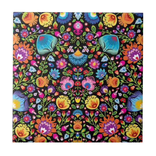 Folklore flowers Wycinanki black  Tile (Front)