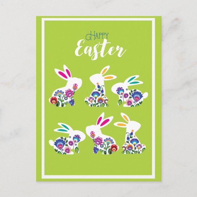 Folklore Happy Easter Bunnies spring green Postcard (Front)