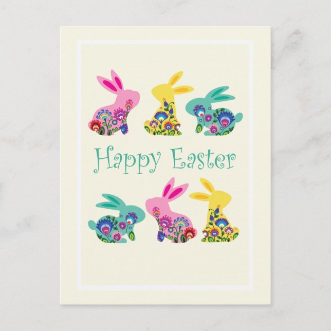 Folklore Happy Easter Bunnies yellow Postcard (Front)
