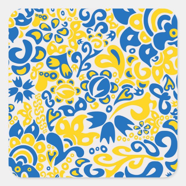 Folklore pattern with Ukrainian flag colors   Square Sticker (Front)