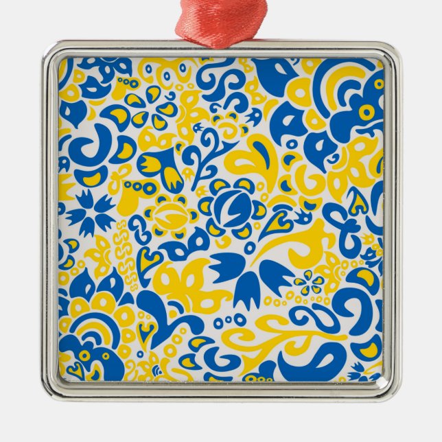 Folklore pattern with Ukrainian flag colours  Metal Tree Decoration (Front)