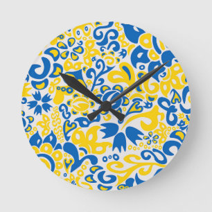 Folklore pattern with Ukrainian flag colours Round Clock