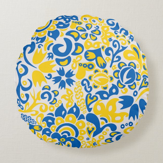 Folklore pattern with Ukrainian flag colours Round Cushion (Front)